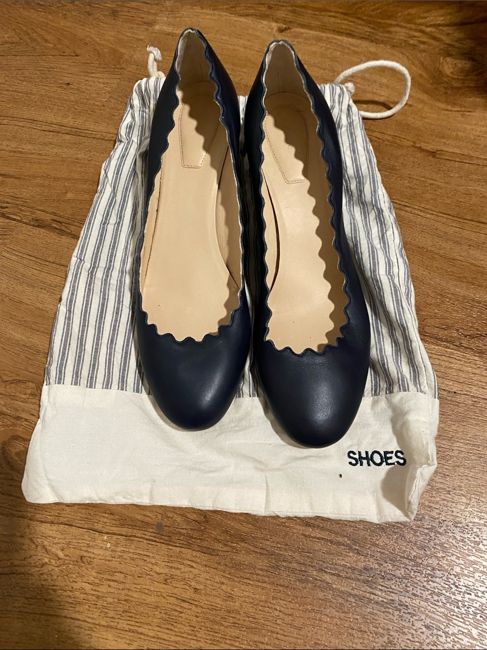 Chloe Women's Scalloped Edge Navy Leather Block Heel Court Shoes with Dust Bag.